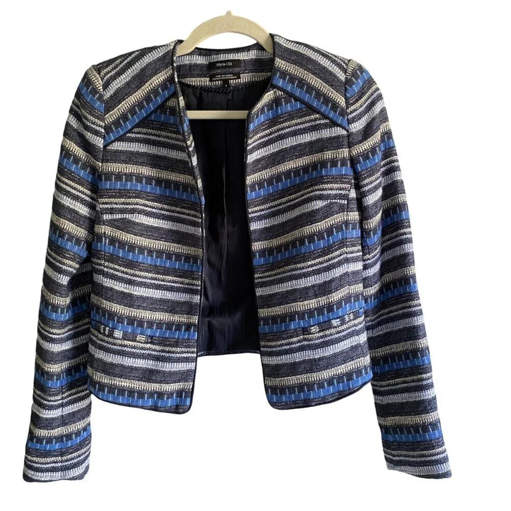 RW&Co Striped Tweed Blue  Striped Open Front Cropped Blazer Jacket Size 2